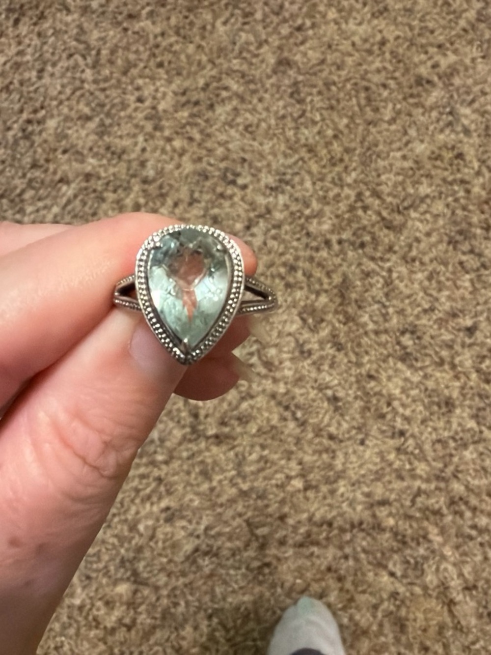 4-Carat Teardrop Green Amethyst Gemstone Sterling Ring